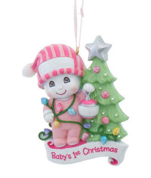 Premier Noël du bébé, Fille  avec arbre décoré (personnalisable)
