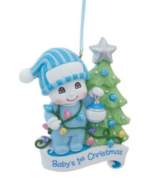Premier Noël du fils. Jeune Bebe avec arbre décoré (personnalisable)
