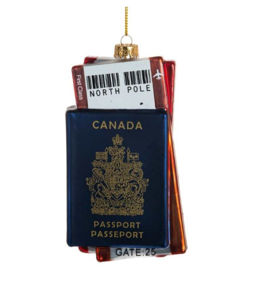 Ornement en verre, passeport canadien avec un billet pour le pôle Nord.