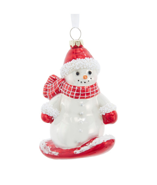 Bonhomme de neige en verre sur snowboard rouge, ornement.