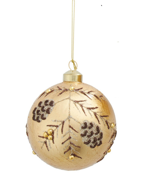 Ornement en verre doré en forme de balle avec pomme de pin et branches