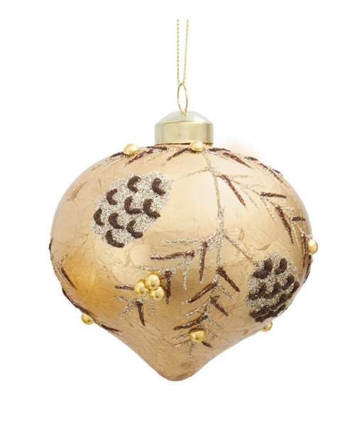 Ornement en verre doré en forme d'oignon,avec pomme de pin et branches