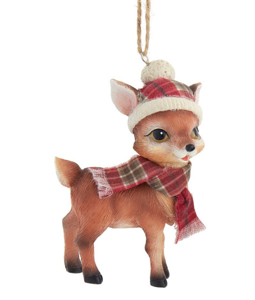 Ornement de cerf avec chapeau à carreaux et écharpe