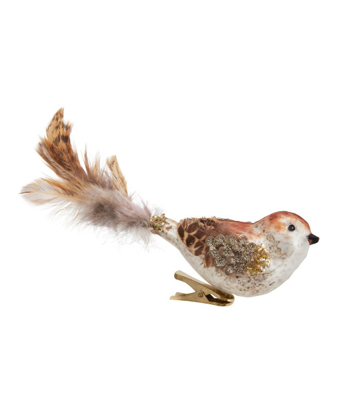 Oiseau en verre marron avec plumes, décoration à pince