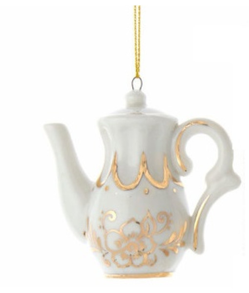 Ornement en porcelaine, théière blanche et dorée ornée de bijoux.