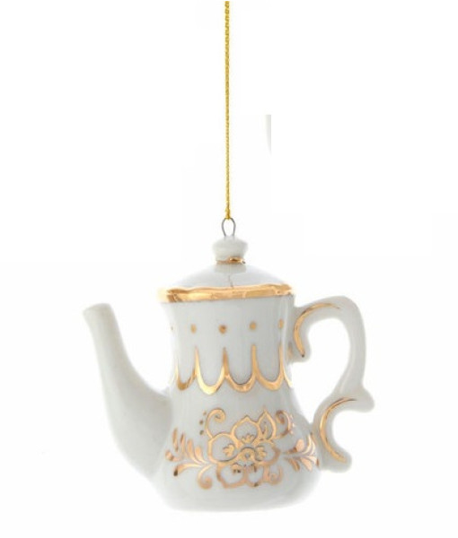 Ornement en porcelaine, théière blanche et dorée ornée de bijoux.