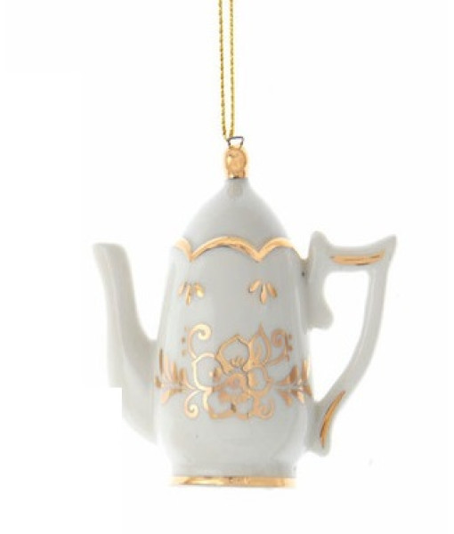 Ornement en porcelaine, théière blanche et dorée ornée de bijoux.