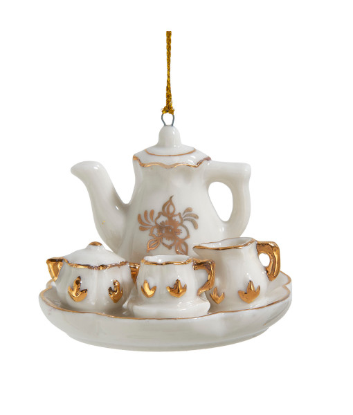 Ornement en porcelaine, service à thé or et blanc.