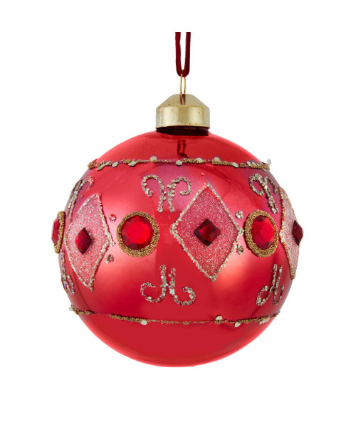 Boule en verre rosé avec motif de losanges rouges