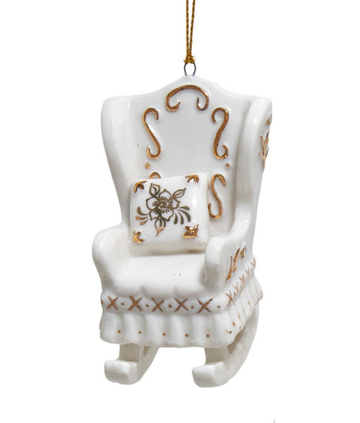 Ornement en porcelaine, chaise dorée et blanche. Mesure 7,5 cm.