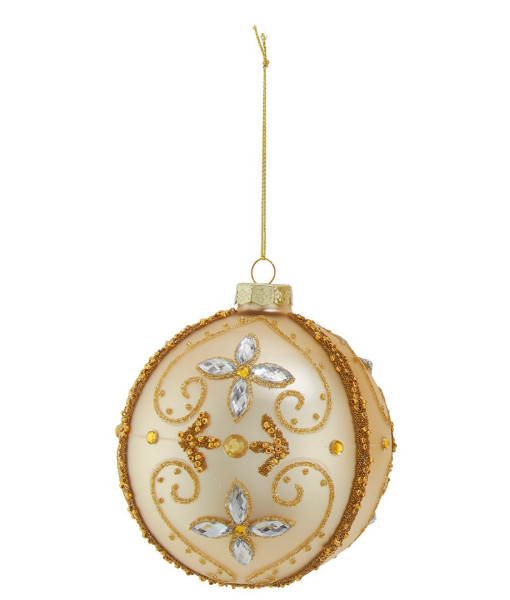 Boule en verre doré avec pierres précieuses et paillettes.
