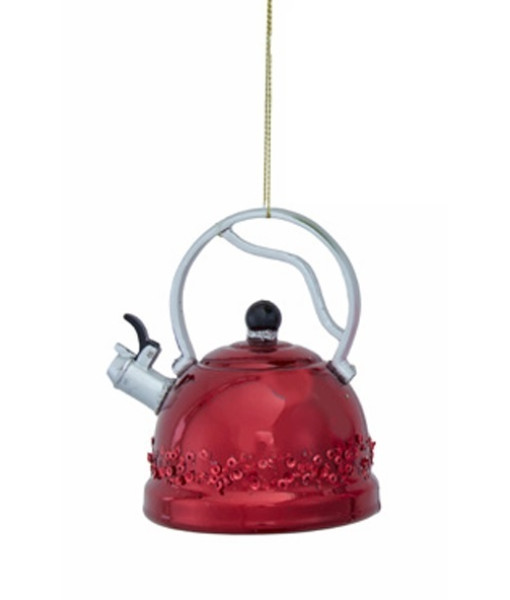 Ornement en verre, Boucles Nobles™ Bouilloire à thé en verre rouge.
