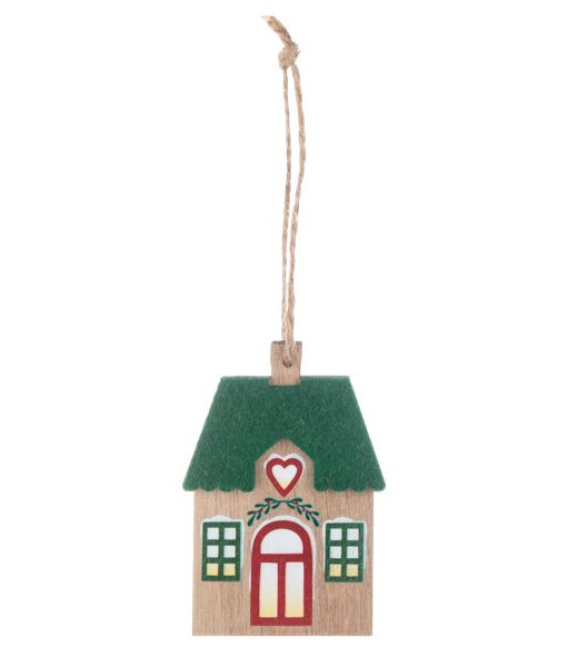 Ornement en bois, Petite Maison de Noël (Toit Vert)