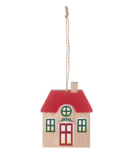Ornement en bois, Petite Maison de Noël (Toit Rouge)