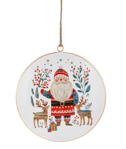 Ornement en disque métallique, Père Noël et cerf