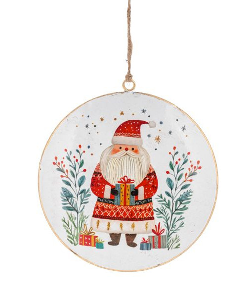 Ornement en disque métallique, Père Noël avec des cadeaux