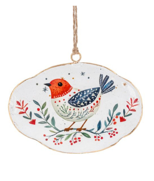 Ornement en disque métallique, Oiseau bleu de Noël, style nordique