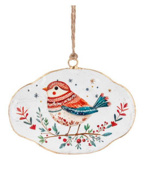 Ornement en disque métallique, oiseau rouge de Noël, style nordique Ornement en disque métallique, oiseau rouge de Noël, style nordique