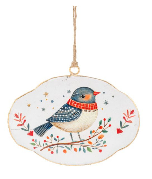 Ornement en disque métallique, Oiseau de Noël avec écharpe, style nordique Ornement en disque métallique, Oiseau de Noël avec écharpe, style nordique