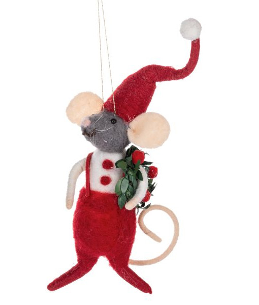 Ornement en laine polyester, souris du Père Noël artisanale. Ornement en laine polyester, souris du Père Noël artisanale.