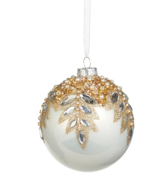 Ornement en verre, style boule, ornement blanc incrusté de bijoux.