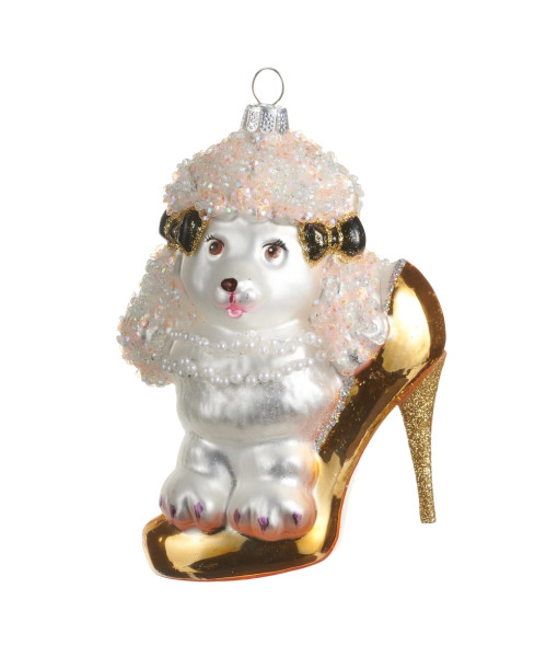 Ornement en verre, caniche avec chaussure.