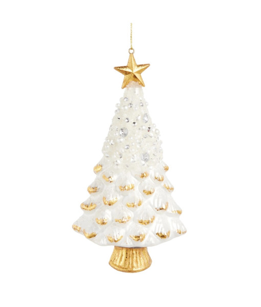 Ornement en verre, arbre blanc orné de bijoux.