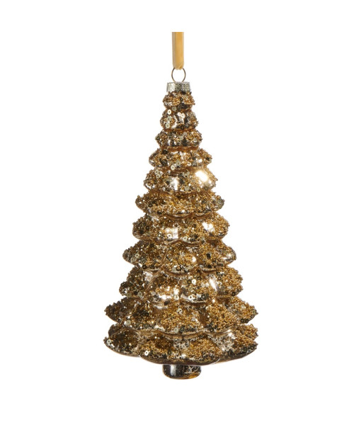 Ornement en verre, arbre à sequins dorés.