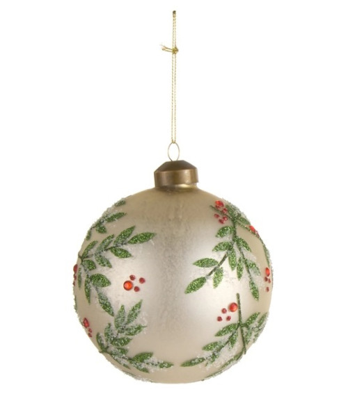 Ornement en verre, forme de boule avec motif de houx.