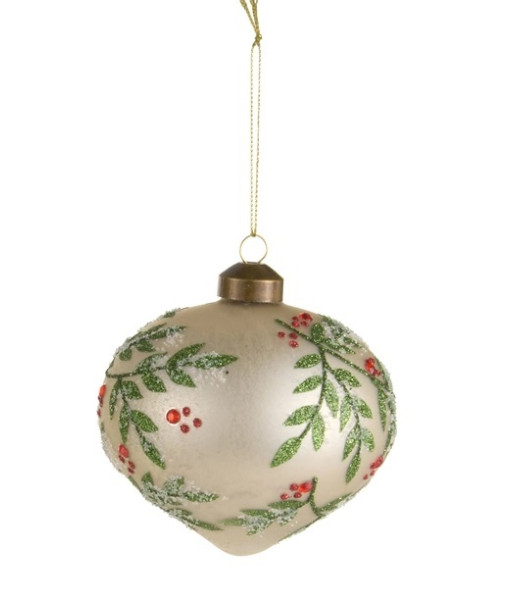Ornement en verre, forme d'oignon avec motif de houx