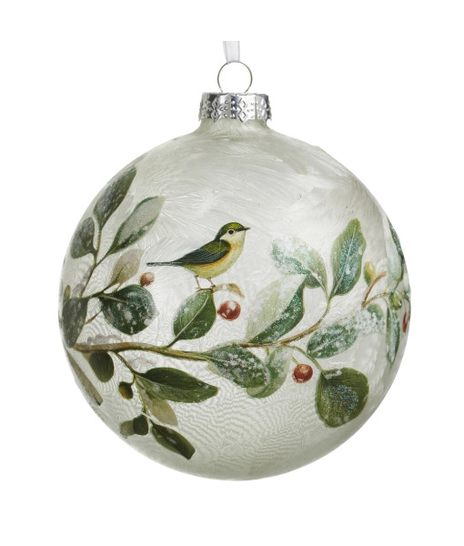 Ornement en verre. Motif de chardonneret vert