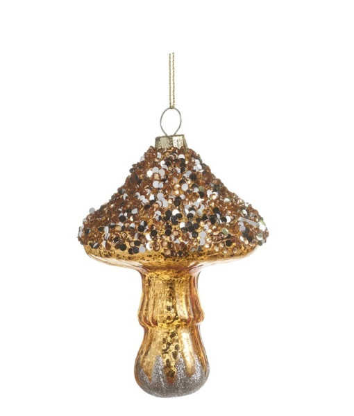 Ornement en verre, champignon multicolore pailleté.