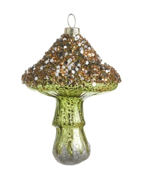 Ornement en verre, champignon multicolore pailleté