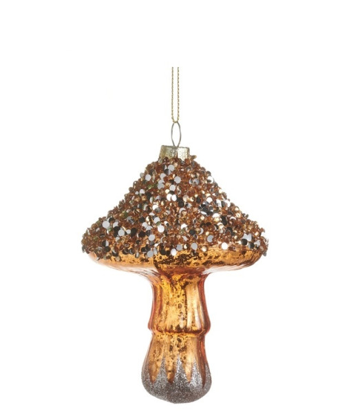 Ornement en verre, champignon multicolore pailleté.