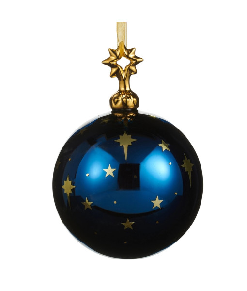 Ornement en verre, boule bleu foncé avec des étoiles