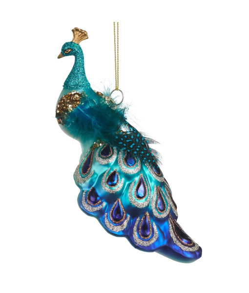 Ornement en verre, paon bleu foncé.