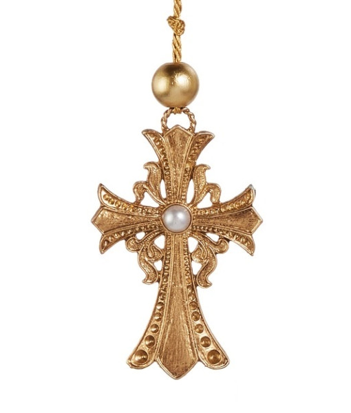 Ornement en métal, croix en or avec perle