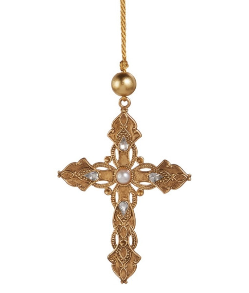 Ornement en métal, croix en or avec perle