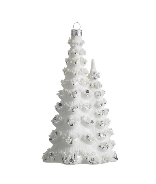 Ornement en verre blanc, arbre enneigé