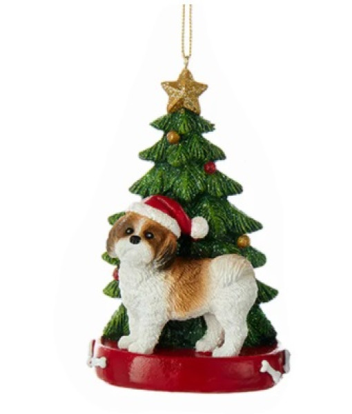 Ornement de Shih-Tzu marron avec sapin